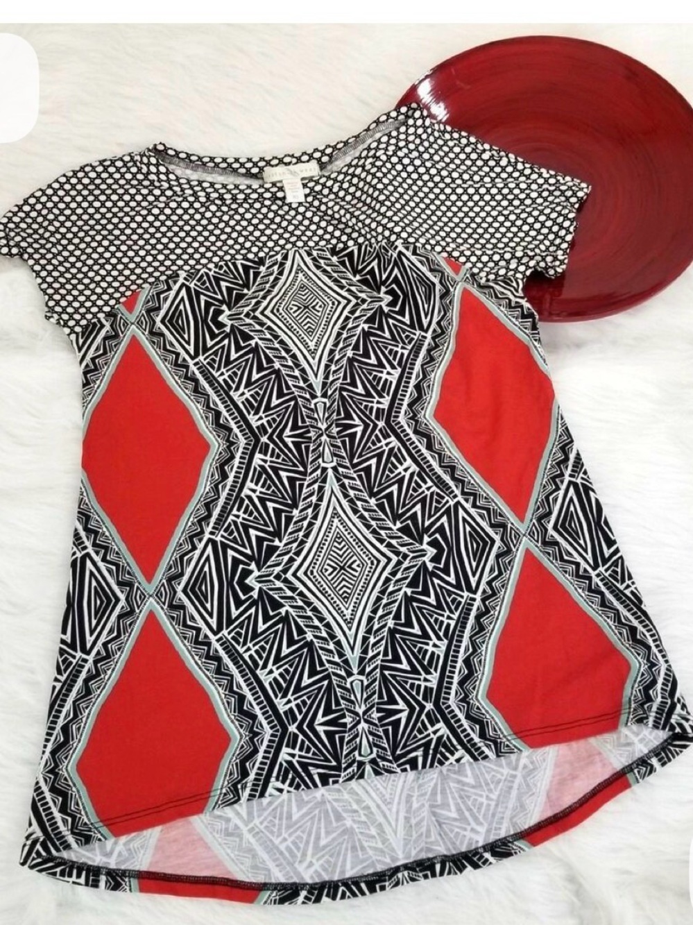Anthropologie Weston Wear Red & Black Geometric Short Sleeve Top Size Small